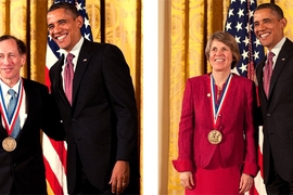 President Obama posed with MIT professors Robert Langer, left, and Sallie Chisholm during Friday's White House ceremony.