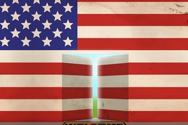 U.S. flag wall with an open door and a mat that says "Welcome big ideas"