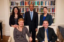The 2013 MacVicar Faculty Fellows with Dean for Undergraduate Education Daniel Hastings (back row, center). Front row: Linda Griffith and Rob Miller. Back row: Laura Schulz, Hastings and Emma Teng.