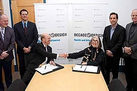 From left: Paul Mendelsohn, vice president of government and community relations at the American Institute of Architects; Associate Professor Alexander D'Hooghe, director of the Center for Advanced Urbanism; Robert Ivy, CEO of the American Institute of Architects; Adele Naude Santos, dean of the MIT School of Architecture + Planning; professors Alan Berger and Andrew Scott, co-leaders of the Healt...