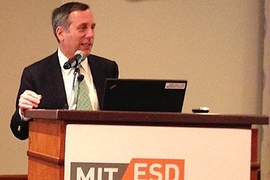 Lawrence Bacow presented the Miller Lecture at the MIT Faculty Club on April 22.