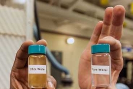 Water from natural gas wells, sent to MIT by the companies that operate them, was run through the humidification-dehumidification (HDH) carrier gas extraction process, producing clean, potable water (right).