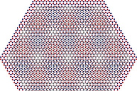 Image of hexagonal portion of two slices of graphene, with red and blue dots representing carbon atoms, that are superimposed at a slightly odd angle to create a moire pattern