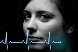 Digital illustration featuring a black-and-white photo of a young woman’s head and shoulders, superimposed with a network of interconnected nodes running through her head and neck