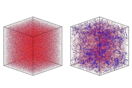 These images from a computer simulation show nonmotile cells in turbulence in the cube on the left and motile cells at right.