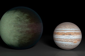 Kepler 7b (left), which is 1.5 times the radius of Jupiter (right), is the first exoplanet to have its clouds mapped. The cloud map was produced using data from NASA&#39;s Kepler and Spitzer space telescopes.