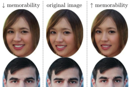 Two examples of faces that have been modified from an original photo (center) to look more (right) and less (left) memorable without altering their identity, attractiveness, age, or gender.