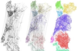 Analysis of telecom data globally (shown above for Portugal) shows the extent to which communications networks (at left) may correspond to existing political or geographic regions (represented at right).