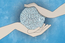 Pair of arms with hands wrapped around orb of numbers