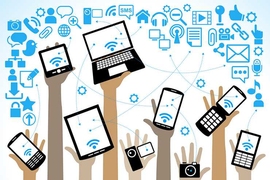 Illustration of 9 hands, each holding up a digital device