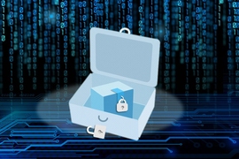 An open box, with a lock on it, holds a smaller box, closed and locked