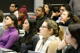 Students from 10 colleges and universities listen to a lecture by Eric Wang at the seven-day Quantitative Methods Workshop, held at MIT from Jan. 2–9.