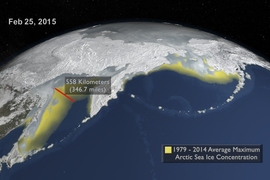 Here the 2015 maximum is compared to the 1979 to 2014 average maximum (shown in yellow). A distance indicator shows the difference between the two in the Sea of Okhotsk north of Japan.