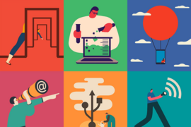 Colorful illustration showing six activities