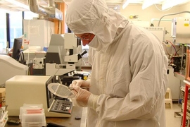Researcher works in lab while wearing protective lab gear