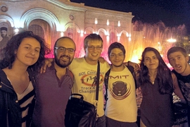Members of the GTL Armenia pilot program pose in Republic Square: (l-r) Jessica Maghakian, Narek Dshkhunyan, Daniel Corney, Armen Samurkashian, Yara Azouni and Edgar Minasyan.