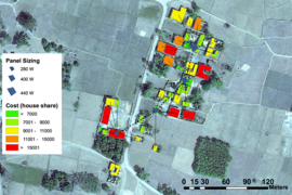 This GridForm model of a village in Bihar, India, shows the optimal layout of hardware for the load profiles of the community. Each building, color-coded by the cost (in Indian rupees) of supplying electricity to that structure, is wired to a central generation/storage node (solid lines), and the nodes are connected to each other (dotted lines).