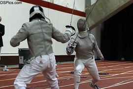 Senior Madison Douglas (right) compiled a 12-3 record in sabre at the Eric Sollee Invitational, helping the MIT women's fencing team to a 4-1 mark at the competition.