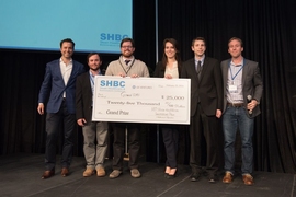 (From left) Contest judge Noah Lewis of GE Ventures; MIT Sloan student and co-organizer Victor Lanio; GoodSIRS team members Brian McAlvin, Anne-Marie Schoonbeek, and Brian Timko; and MIT Sloan student and co-organizer Isaac Stoner.