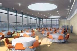 An architect’s rendering of MIT's new Samberg Conference Center overlooking the Charles River.