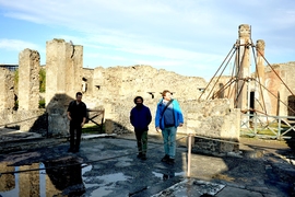 MIT Assistant Professor Admir Masic (right), grad student Steve Palkovic (left) and Roberto Scalesse of Erresse Group explored Pompeii ruins last fall.