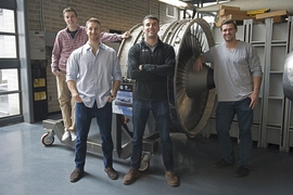 MIT Flugtag team members (l-r) Michael Klinker, William Thalheimer, Mike Tomovich, and Hayden Cornwell in AeroAstro’s Building 33 Neumann Hangar, where they’ll be building their aircraft this summer.