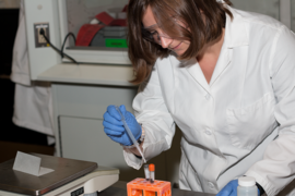 Erica Eggleton is working this summer in the lab of MIT Professor Krystyn Van Vliet on lithium manganese oxide (LMO) electrodes for lithium ion batteries. Here, she measures out carbon powder, a binder, and LMO, the active powder used in the battery electrodes.
