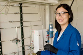 MPC-CMSE Summer Scholar Victoria Yao shows a mixture of sodium thiosulfate being stirred in a solution of copper hexacyanoferrate where its reacts to produce larger compounds that can be filtered out of the solution. These compounds are being developed for use in electrodes for a water-based flow-driven battery for grid level storage. 