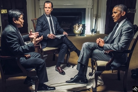 MIT Media Lab Director Joi Ito (left), WIRED Editor-in-Chief Scott Dadich (center), and U.S. President Barack Obama confer in the Roosevelt Room of the White House.