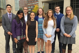 2016 MassJAS presenters: (left to right) Alex Jayyosi, Aarushi Pendharkar, Christine Schremp, Tal Usvyatsky, Emma Kelly, Mary Zgurzynski, Evan Mizerak, and Natasha Garland. 