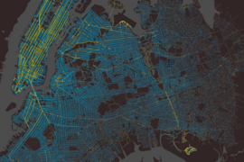 Research from Senseable City Lab’s HubCab project on the potential for taxi sharing shows how more than 150 million taxi trips connect the city of New York in a given year. Yellow represents taxi pickups, while blue indicates drop-offs.
