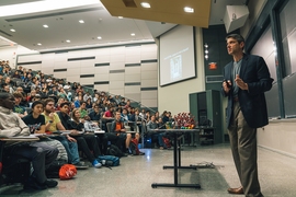 Materials scientist Jeffrey Grossman lectures to a full house of first-year students in his popular version of a core course, 3.091 (Introduction to Solid State Chemistry). Earlier this year, he was honored with a MacVicar Award for exceptional undergraduate teaching.
