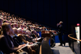 A capacity crowd at the New England Aquarium's Omni Theater enjoyed the 2016 John H. Carlson Lecture, "Big Ice: Antarctica, Greenland, and Boston," presented by Penn State University Professor Richard Alley.