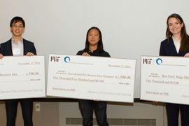 At Innovation@ONE, the Most Inventive Business Idea was presented to Jingjie Yeo (left) of Accuro Pressure Silk; the Business Pitch Champion was awarded to Justin Chen (center) of Motus View; and the Best Early Stage Idea was awarded to Paige Midstokke (right) of Safe Tap.