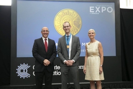 MIT postdoc Carl Schoellhammer (center) takes home gold at the Collegiate Inventor’s Competition for his SuonoCalm system.