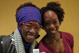 MIT grad student Joy Buolamwini (left) meets author Margot Lee Shetterly at an MIT screening of "Hidden Figures."
