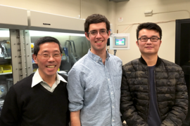 Kyocera Professor of Materials Science and Engineering Yet-Ming Chiang (left), is working with MIT senior Harry Thaman (center) and postdoc Linsen Li to study a new kind of electrolyte for “self-healing” lithium battery cells, which will be formed by adding a halide element such as iodine.