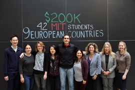 MIT Euro-Club and MISTI officials celebrate a milestone: (left to right) the Euro-Club's Xiaoyu Wu, Susanna Bachle, Katrin Michel, Karine Ip, and Giulio Alighieri; MISTI's Tanya Raymond, Alicia Goldstein Raun, Serenella Sferza, and Erin Schenck.