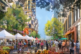 A lively streetscape extending Broad Canal Way into the Volpe site, with active uses and retail leading pedestrians and bicyclists into the open space.