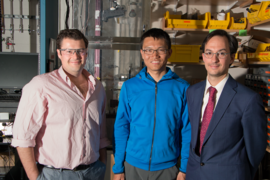 Left to right: Cooper Rinzler PhD '17, graduate student Youyang Zhao, and MIT Assistant Professor Antoine Allanore developed new formulas for predicting which molten compounds will be semiconducting and built a high-temperature thermoelectric device to produce electricity from molten semiconducting compounds that could reuse industrial waste heat. 