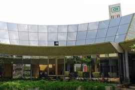 Solar panels cover the roof of the CII-Godrej Green Business Center in Hyderabad, India.