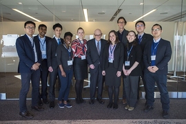 JR East Professor Joseph Sussman (center) is joined by current Regional Transportation Planning and High-Speed Rail Research Group graduate students and local alumni at the celebration of the 25th anniversary of the JR East-MIT partnership in March. Sussman is retiring after 50 years at MIT.