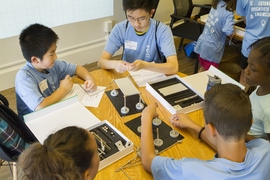 Participants in CEE’s second annual Kids Camp built structures using a magnetic modeling kit as part of an activity hosted by Professor Tal Cohen.