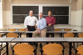 From left: Nelson Olivier, veteran, former MIT postdoc, and student in the MIT Sloan School of Management’s executive MBA program; Sidney T. Ellington, executive director of the Warrior Scholar Project; and Bill Kindred, veteran, EMBA student, and human resources manager at MIT’s Lincoln Laboratory.