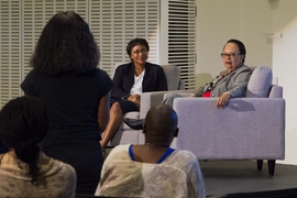 Shirley Jackson (right) answers a question from the audience at an event recounting her experiences as an MIT student and as a leader in nuclear science and higher education. MIT Professor Paula Hammond (left), head of the Department of Chemical Engineering, led the discussion.