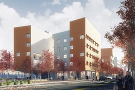 A new residence hall on Vassar Street will add 450 undergraduate beds to MIT’s inventory and will serve the Institute at large with a new community gathering space at its western end, new benches and lighting along Vassar Street, and a welcoming new dining facility.