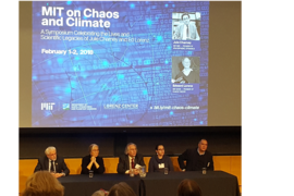 Robert van der Hilst moderates the symposium's day-two panel consisting of Sir Brian Hoskins, Inez Fung, Kerry Emanuel, Allison Wing and John Bush.