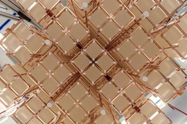 Bottom view of the 19 CUORE towers installed in the cryostat.