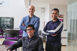 Pictured (left to right): Seated, Soroush Vosoughi, a postdoc at the Media Lab's Laboratory for Social Machines; Sinan Aral, the David Austin Professor of Management at MIT Sloan; and Deb Roy, an associate professor of media arts and sciences at the MIT Media Lab, who also served as Twitter's Chief Media Scientist from 2013 to 2017.