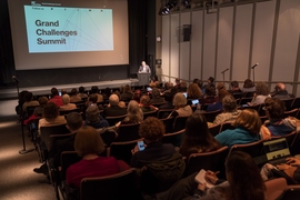 MIT Libraries Director Chris Bourg welcomes attendees to the opening keynote speech of the Grand Challenges Summit. 